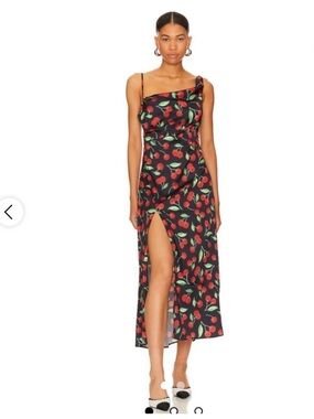 For Love & Lemons Xena Black Cherry Print Strappy Satin Dress, Small NWOT